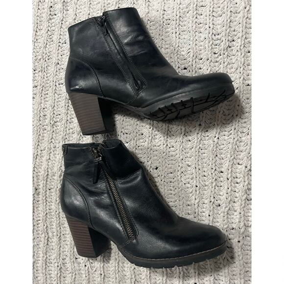 Clarks Double Zipper Ankle Boots Women's Size 7 M Leather Black Block Heel 15260 - Picture 1 of 11